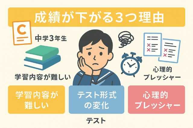 成績低下の要因を図解するフラットデザインのインフォグラフィック