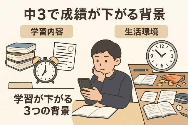 学習と生活の変化による成績低下の構図を描いた図解