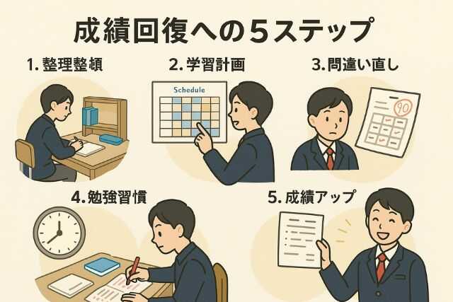 成績回復に向けた中3生の勉強習慣改善の5ステップ図解