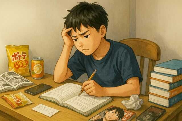 集中できず悩む中学3年生が散らかった机で勉強する様子