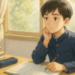 春の光の中、勉強机で計画を立てる中3生徒の姿