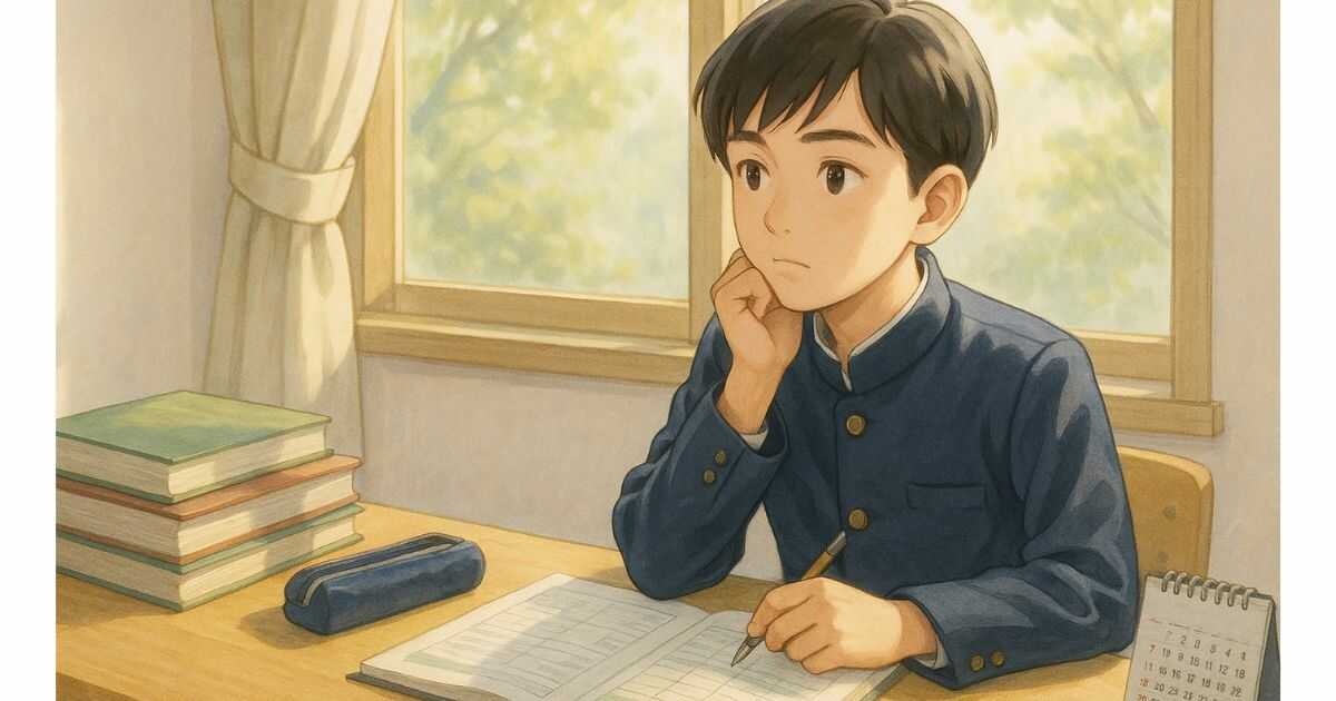 春の光の中、勉強机で計画を立てる中3生徒の姿